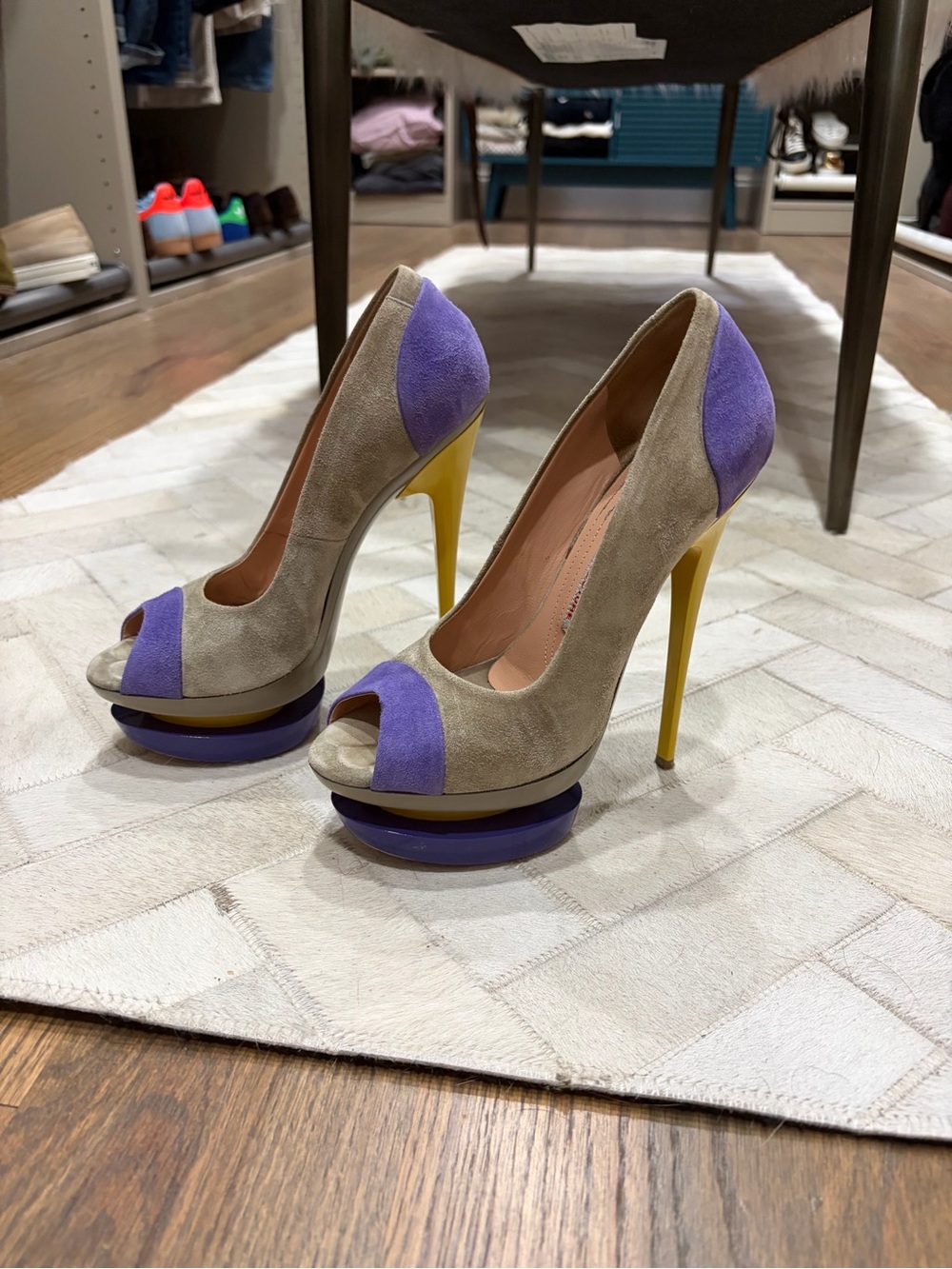 Gianmarco Lorenzi Taupe Suede Pumps with Purple Accents and Yellow Heel